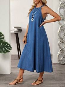 Damen Lässiges Cowl-Neck Jeans-Urlaubskleid - Blau - Übersicht 5