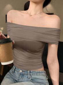 DAZY Camiseta ajustada de unicolor con hombros descubiertos para salir - Gris - Ver 5