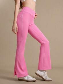 女士简约喇叭运动裤，日常休闲穿着 - 玫紅色 - 查看 2