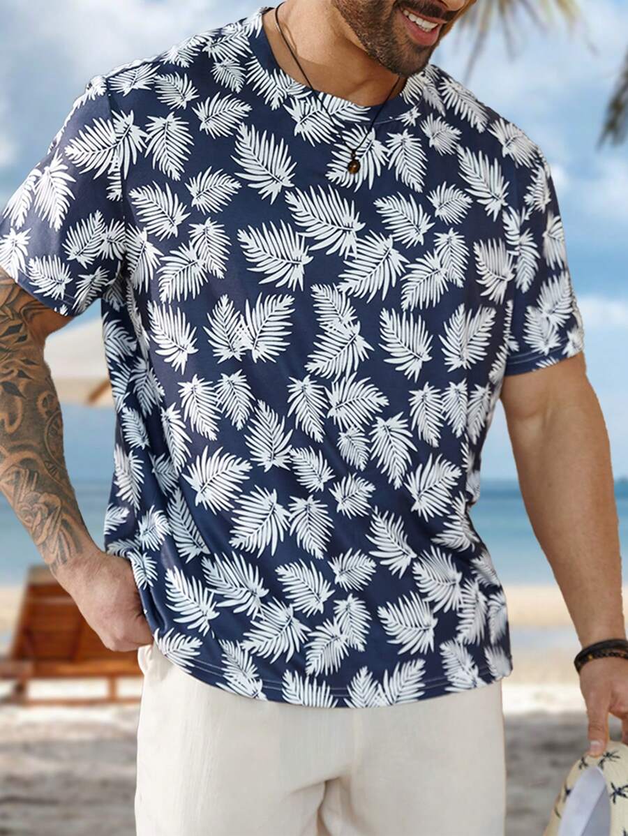 ResortEase Plus Size Men's Tropical Plant Print Short Sleeve T-Shirt