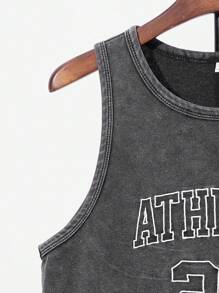 SHEIN 1 Pc Teen Boy's Loose Knitted Vintage Jersey Sleeveless Tank Top With Snow-Washed Embroidery And English Graphic Patterns, Back To School, For Friends Spring Wear Jackets, Spring Back To School - Black - View 3