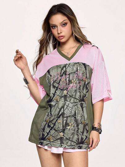 Kawaii Tee-shirt en maille à col V avec imprimé camouflage doux et épicé, style streetwear Y2K pour femmes