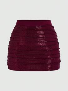 Flirla 大码亮片露背吊带背心上衣和高腰褶皱紧身裙 2 件套，性感夜店派对必备 - 酒紅色 - 查看 3