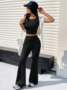 Muchica Women 2 Pieces Knitted Backless Top & Flare Leg Pants Set - Black - View 6