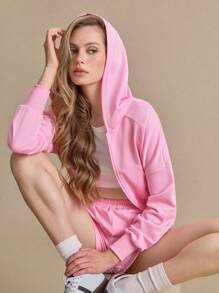 Women Solid Color Long Sleeve Zip-Up Hooded Sports Jacket