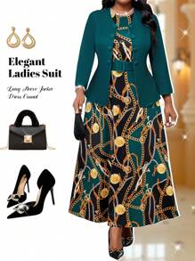 Fleurora Conjunto de 2 piezas de talla grande: chaqueta de manga larga y vestido de un solo color, casual y de moda para uso diario en primavera, verano, otoño e invierno. Vestido casual y elegante de cuello redondo, con volantes, cinturón, botones y manga larga. Conjunto de ropa profesional con falda marrón y falda amarilla