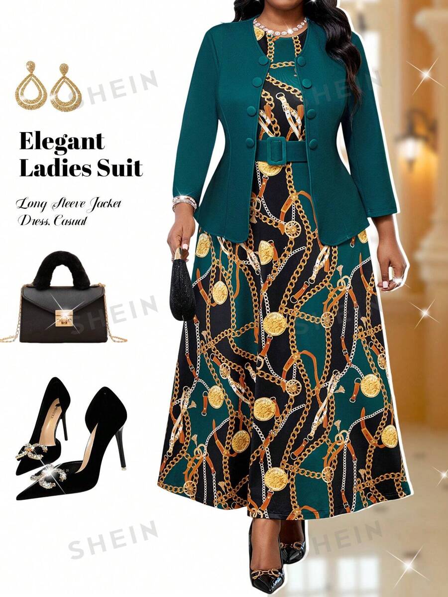 Fleurora Conjunto de 2 piezas de talla grande: chaqueta de manga larga y vestido de un solo color, casual y de moda para uso diario en primavera, verano, otoño e invierno. Vestido casual y elegante de cuello redondo, con volantes, cinturón, botones y manga larga. Conjunto de ropa profesional con falda marrón y falda amarilla