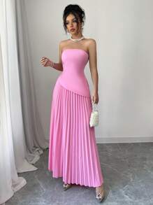 Elenzga 2pcs Women Bandeau Top & Pleated Skirt Set