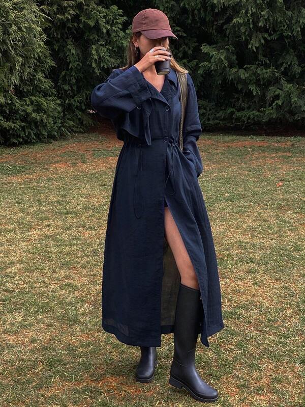 Livesso Casual Outdoor Solid Color Cinched Waist Long Sleeve Trench Coat For Women, Spring/Summer