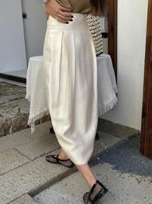 DAZY 女士休闲长款梭织面料半身裙，带拉链细节和褶裥设计，秋季半身裙 - 米色 - 查看 3