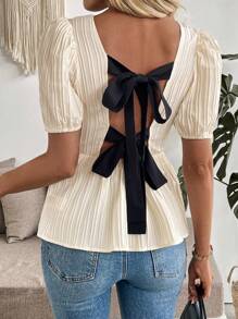 SHEIN LUNE Women Elegant Square Neck Solid Color Wave Tie Bow Contrast Color Short Sleeve Fitted Blouse - Apricot - View 3