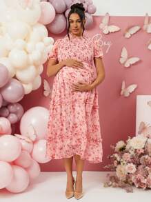 Loomaby Maternity Elegant Ditsy Floral Puff Sleeve Party Dress, Gender Reveal Dress - Pink - View 6