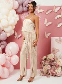 Loomaby Pregnant Women's Solid Color Pleated Casual Jumpsuit - Khaki - View 4
