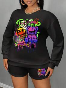 Slaydiva 2pcs Plus Size Women Casual Round Neck Letter & Cartoon Bear Graphic Long Sleeve Sweatshirt With Shorts Set, Suitable For Spring, Autumn & Winter