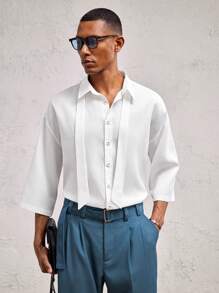 AKNOTIC Formal 男士宽松落肩短袖翻领休闲白衬衫，适合日常穿着 - 白色 - 查看 2