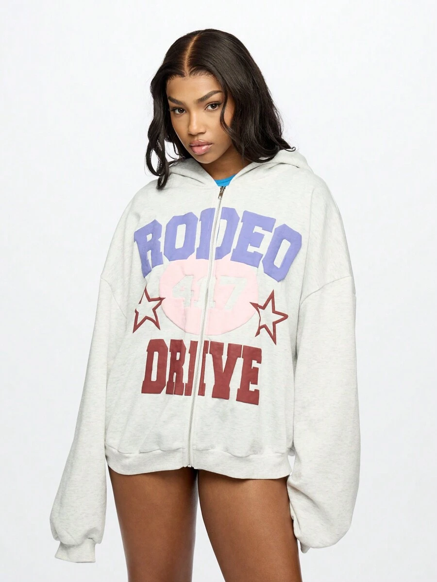 SUMWON WOMEN Y2K Aesthetic Oversized Zip-Up Hoodie Sweatshirt With Retro Sport Graphic Print Street Style Casual College Athletic Wear - Grey - View 1