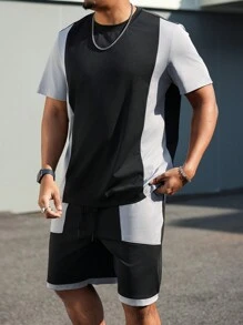 Manfinity Homme Plus Size Men's Solid Color Patchwork Crew Neck Short Sleeve Top And Shorts Set