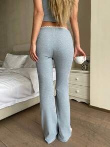 SHEIN 2pcs/Set Teenage Girl Grey Ribbed Crew Neck Ruffle Hem Bowknot Short Sleeve T-Shirt And Long Pants,Sweet Casual Pink Summer Family Matching Outfit - Grey - View 2