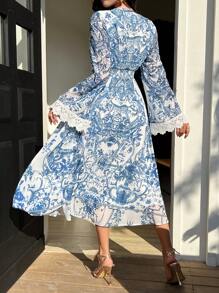 DAZY Floral All-Over V-Neck Lace Trim Slit Midi Dress For Women Boho,Fall Dress Long Sleeve Dress - Blue - View 2