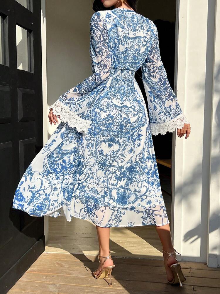 Floral All-Over V-Neck Lace Trim Slit Midi Dress For Women Boho,Fall Dress Long Sleeve Dress