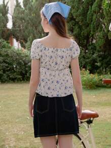 Wildeya Elegant Ditsy Floral Crew Neck Fitted Short Sleeve T-Shirt For Teen Girls, Casual All-Match Versatile, Suitable For And School, Suitable For Spring And Summer, Girls Exquisite Clothing, Princess Style, And Cute, No Traditional Patterns, Mainly Floral/Partial Decoration