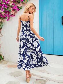 Vivid Eden 女士度假花卉印花修身长裙，细肩带 - 藍色 - 查看 2