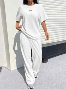 Muchica Women Texture Casual Loose T-Shirt And Wide-Leg Pants 2Pcs Set - White - View 5