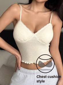 DAZY Floral Ruffle Trim Camisole Top With Built-In Padded Bra - Beige - View 1