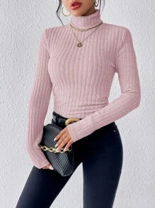 SHEIN Frenchy Camiseta de punto con textura y cuello alto acanalado