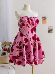 Soleia 大码女式玫瑰花朵印花露肩松紧腰可爱连衣裙，适合秋季度假、返校 - 粉色 - 查看 6