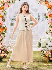 2 件套：优雅通勤蝴蝶结装饰百褶中长裙，适合少女