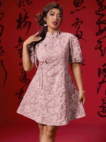 SHEIN LUNE 大码女式农历新年中式 A 字形连衣裙 - 粉色 - 查看 7