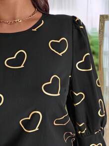 Calvaya Camisa de botones de manga larga con estampado de corazones para tallas grandes - Negro - Ver 4