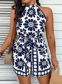 SHEIN VCAY Plus Size Women Floral Printed V-Neck Sleeveless Romper - Blue and White - View 6