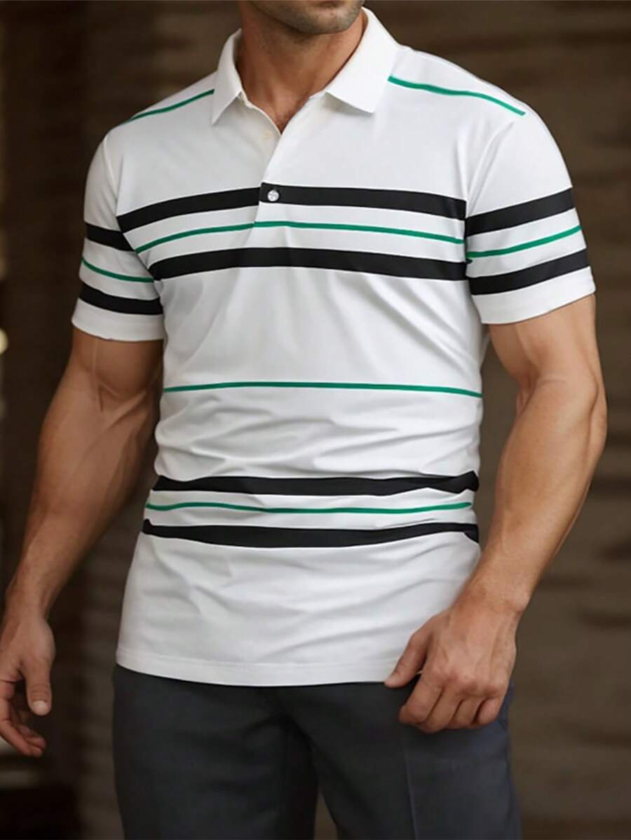 Manfinity Homme 大码男式条纹短袖休闲/工作 Polo 衫 - 白色 - 查看 1
