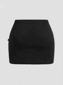 Celure Contrast Color Chinese Style Frog Button Front Slit Skirt, Plus Size - Black - View 2