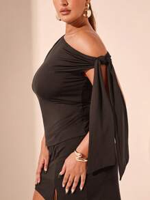 SHEIN BAE Damen Große Größen Schwarze asymmetrische Schulter Bluse, geeignet für Pendeln, Dates, Nachmittagstee - Kaffeebraun - Übersicht 5