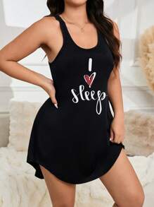 Vestido casual sin mangas con estampado de letras minimalista y espalda de tirantes - Negro - Ver 1