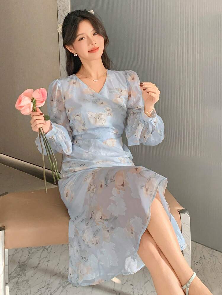 Women V-Neck Floral Print Midi Dress With Puff Sleeves,Fall Dress Long Sleeve Dress