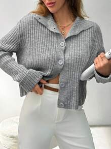 EURMUSE 罗纹纽扣针织开衫：具有柔软的罗纹质地、高领、现代短款廓形、实用的纽扣开合和宽袖口长袖，采用永恒的灰色色调，非常适合休闲时尚和百搭的分层搭配