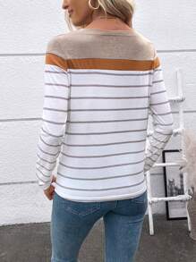 Elyressa Áo thun dài tay kẻ sọc cổ tròn cho nữ, giản dị và thời trang để mặc hàng ngày - Màu Khaki - Xem 2