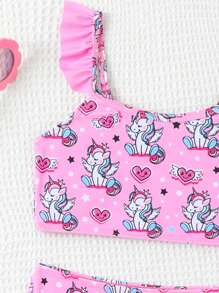 Young Girls Bikini Sets - Adorable Pink Unicorn Print Swimsuit Set. Features Soft Knitted Fabric And Ruffle-Trimmed Separable Bikini Top & Bottom. Fashionable, Casual, And Whimsically Elegant Design. Perfect For Swimming, Summer Vacations, Beach Trips, Pool Parties, And Holiday Fun. - Pink - View 3