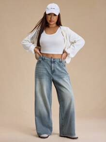 SHEIN Forever 21 Damen Sommerjeans / Country Konzert / Country Konzert / Teegesellschaft / Elegant / Konzert / Lässig / Sommer / Große Größen Ausgewaschene Jeansblau Hose