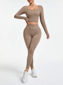 Easithlete 女士方领长袖 T 恤和紧身裤 卡其色无缝运动套装 女士健身套装 女士健身套装 女士紧身裤套装 - 卡其色 - 查看 2