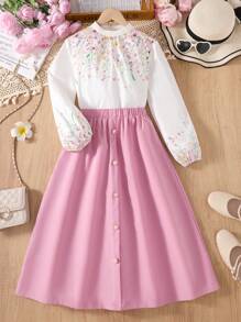 SHEIN 2pcs/Set Tween Girl Print Long Sleeve Shirt And Pink Skirt Outfit, Spring/Autumn - Multicolor - View 7