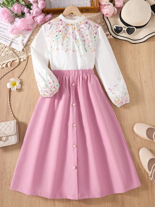 2pcs/Set Tween Girl Print Long Sleeve Shirt And Pink Skirt Outfit, Spring/Autumn