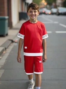 2pcs/Set Tween Boy Casual Contrast Color Splice Letter Graphic Short Sleeve Round Neck T-Shirt And Elastic Waist Shorts Set, Suitable For Autumn, Spring, Summer, For Outdoor Play, School, Street, Party And Leisure At Home - Multicolor - View 1