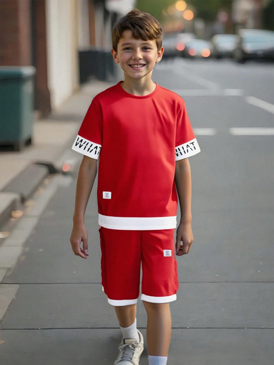 2pcs/Set Tween Boy Casual Contrast Color Splice Letter Graphic Short Sleeve Round Neck T-Shirt And Elastic Waist Shorts Set, Suitable For Autumn, Spring, Summer, For Outdoor Play, School, Street, Party And Leisure At Home - Multicolor - View 1