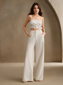 Anewsta Rhinestone Trim Floral Print Spaghetti Strap Camisole, Summer, Elegant, Casual, Beach, Vacation - White - View 8