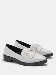 CUCCOO CURVES Plus Size Wide Fit Wedge Thick Bottom Shoes, Pointed Toe Solid Color High Vamp Fringe Shoes, British Style Women Shoes - White - View 8